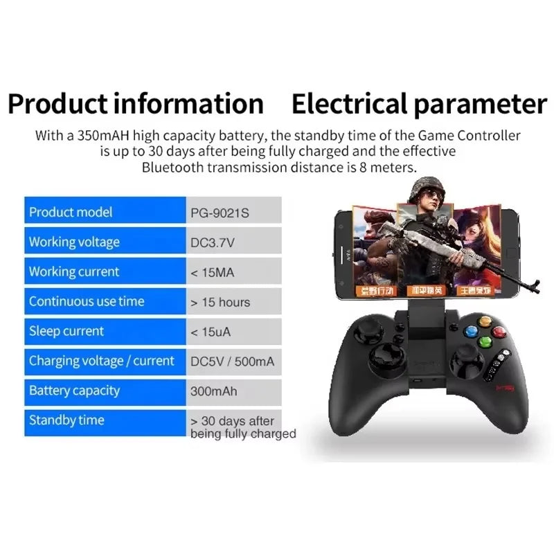 Ipega PG-9021 Bluetooth Joystick Control Black Compatible with Android iOS PC Adjustable Support for Mobile Games and Emulators