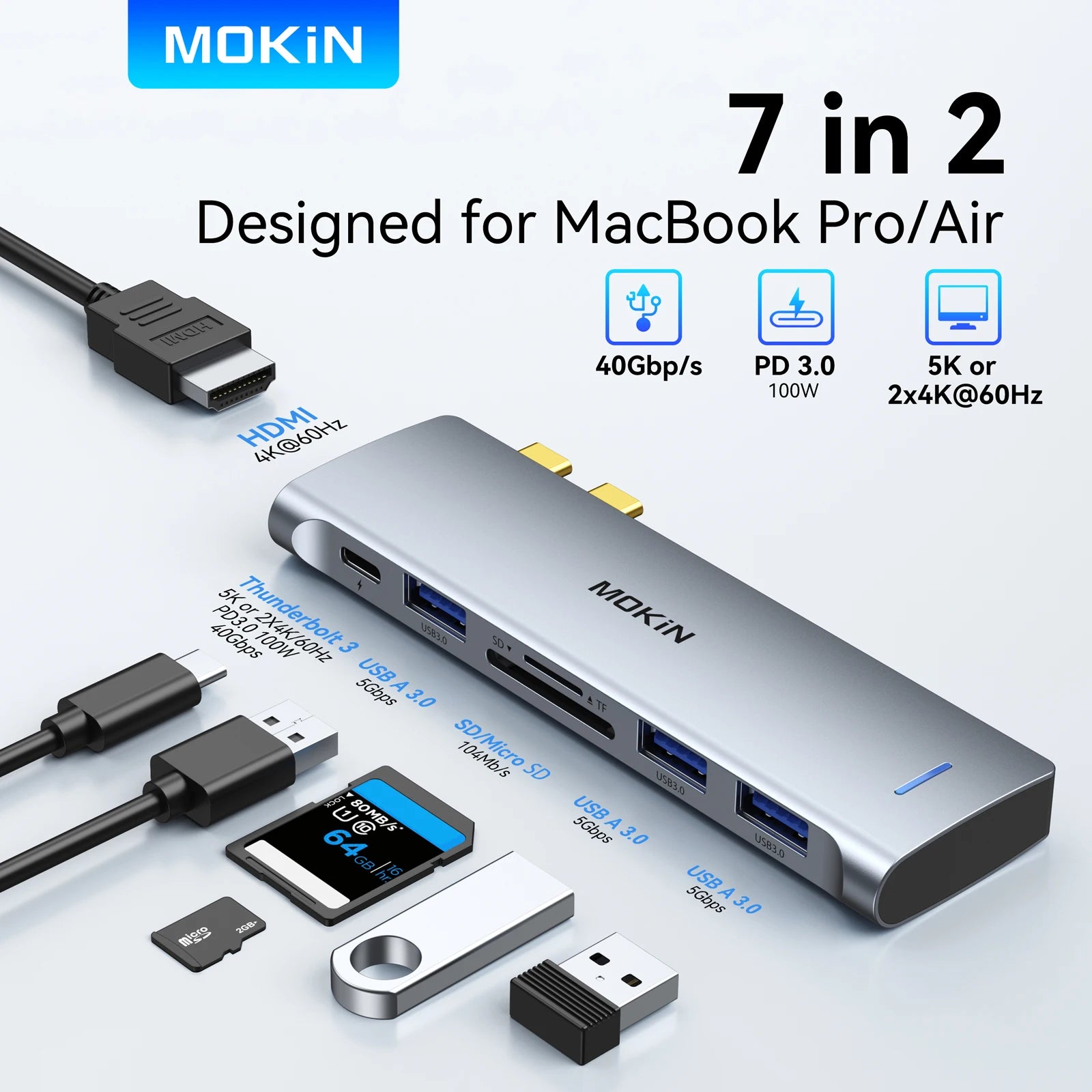 MOKiN USB Type C Hub for MacBook Pro USB Adapter Docking Station Dual USB C to HDMI USB3.0 SD/TF for MacBook Mac Dongle Laptops