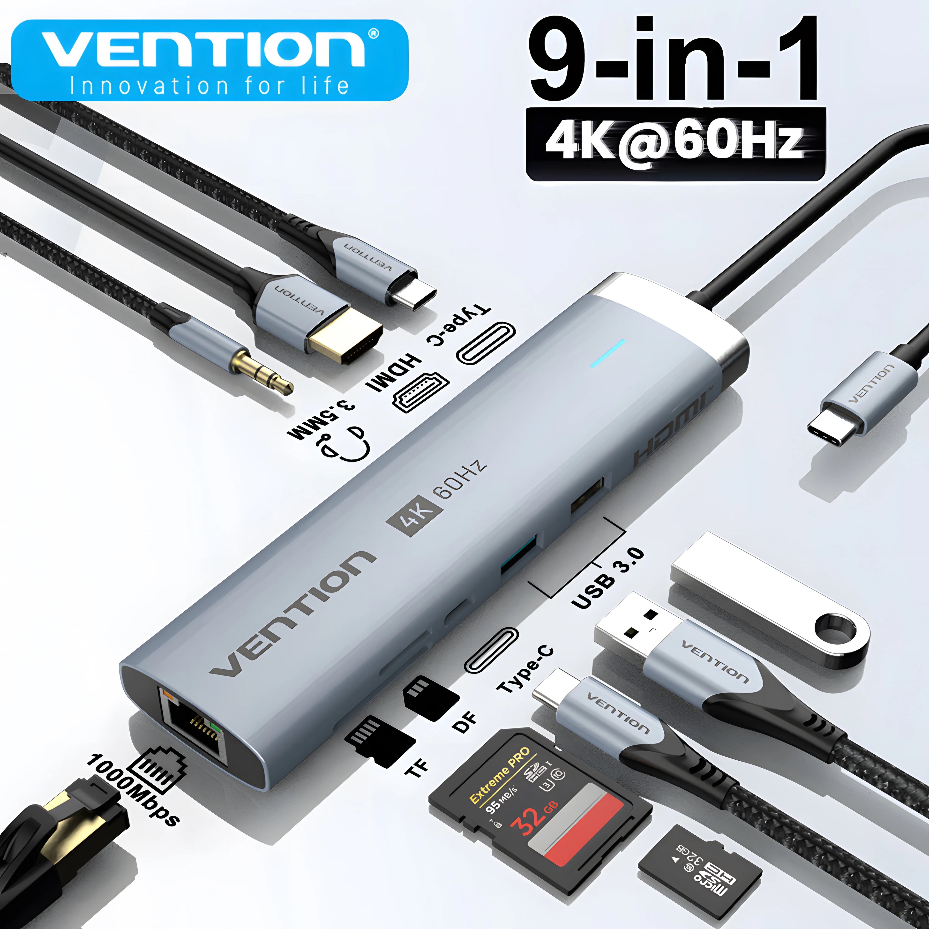 Vention USB C Hub HDMI 4K 60Hz 9 in 1 PD 100W RJ45 Adapter USB3.0 Hub 5Gbps Splitter Docking Station for MacBook Air iPad Laptop