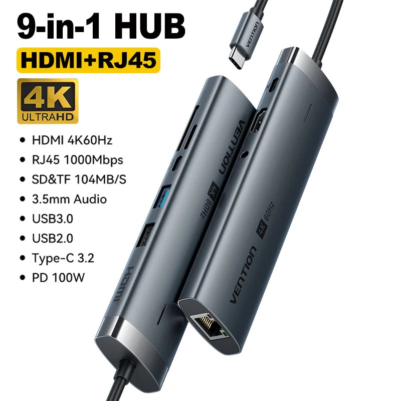 Vention USB C Hub HDMI 4K 60Hz 9 in 1 PD 100W RJ45 Adapter USB3.0 Hub 5Gbps Splitter Docking Station for MacBook Air iPad Laptop