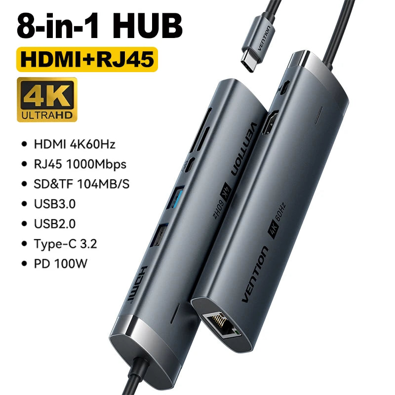 Vention USB C Hub HDMI 4K 60Hz 9 in 1 PD 100W RJ45 Adapter USB3.0 Hub 5Gbps Splitter Docking Station for MacBook Air iPad Laptop