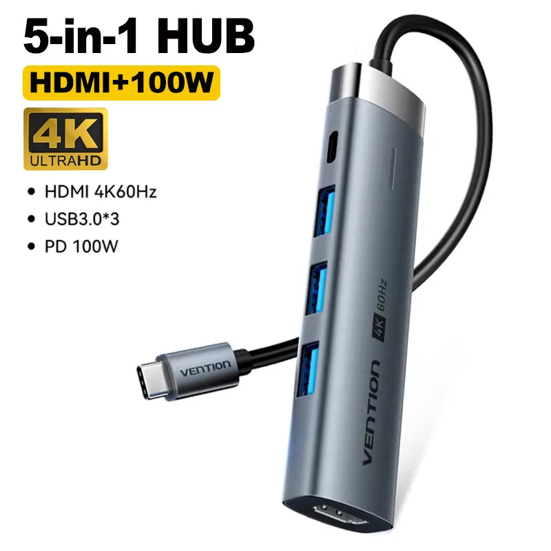 Vention USB C Hub HDMI 4K 60Hz 9 in 1 PD 100W RJ45 Adapter USB3.0 Hub 5Gbps Splitter Docking Station for MacBook Air iPad Laptop