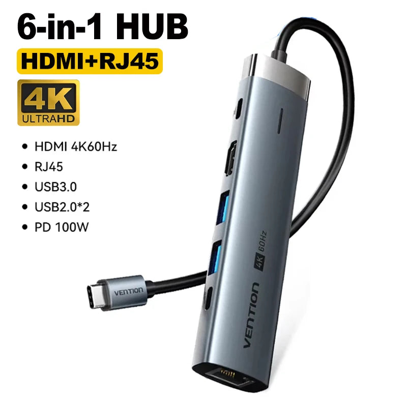 Vention USB C Hub HDMI 4K 60Hz 9 in 1 PD 100W RJ45 Adapter USB3.0 Hub 5Gbps Splitter Docking Station for MacBook Air iPad Laptop
